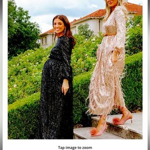 x Nicola Bathie Nicola Sequin Crew Neck Long Sleeve Belted FeatheredMidi Dress